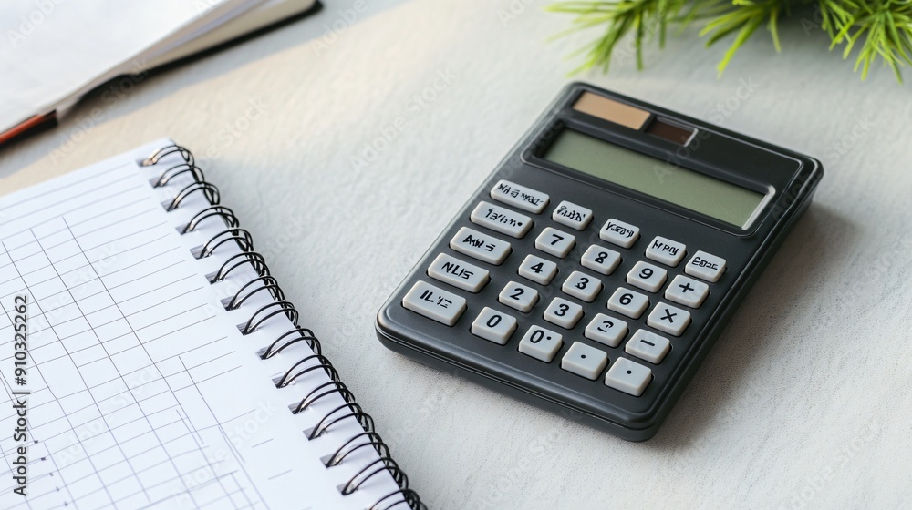 A simple, modern calculator and a clean notebook placed on a minimalist desk, with a focus on the essentials A simple, modern calculator and a clean notebook placed on a minimalist desk, with a focus on the essentials