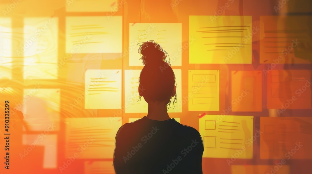 Businesswoman silhouette during a brainstorming session. Businesswoman silhouette during a brainstorming session.