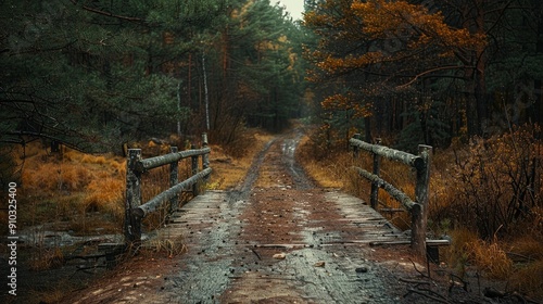 Wooden Bridge in Autumn Forest.