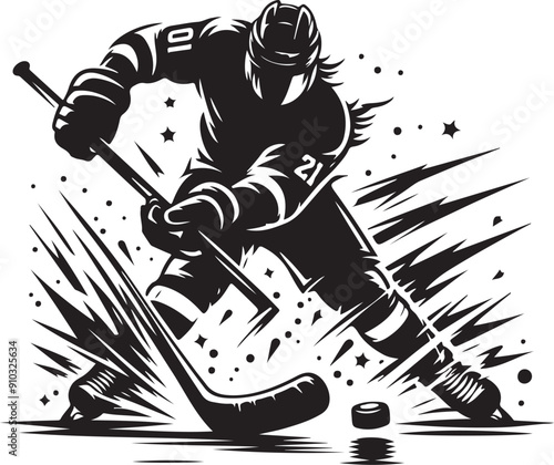 Ice Hockey Player Black Silhouette Vector Illustration On Isolated White Background