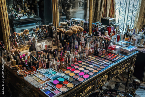 An Artist's Dream: A Vanity Overflowing with Makeup Brushes and Palettes photo