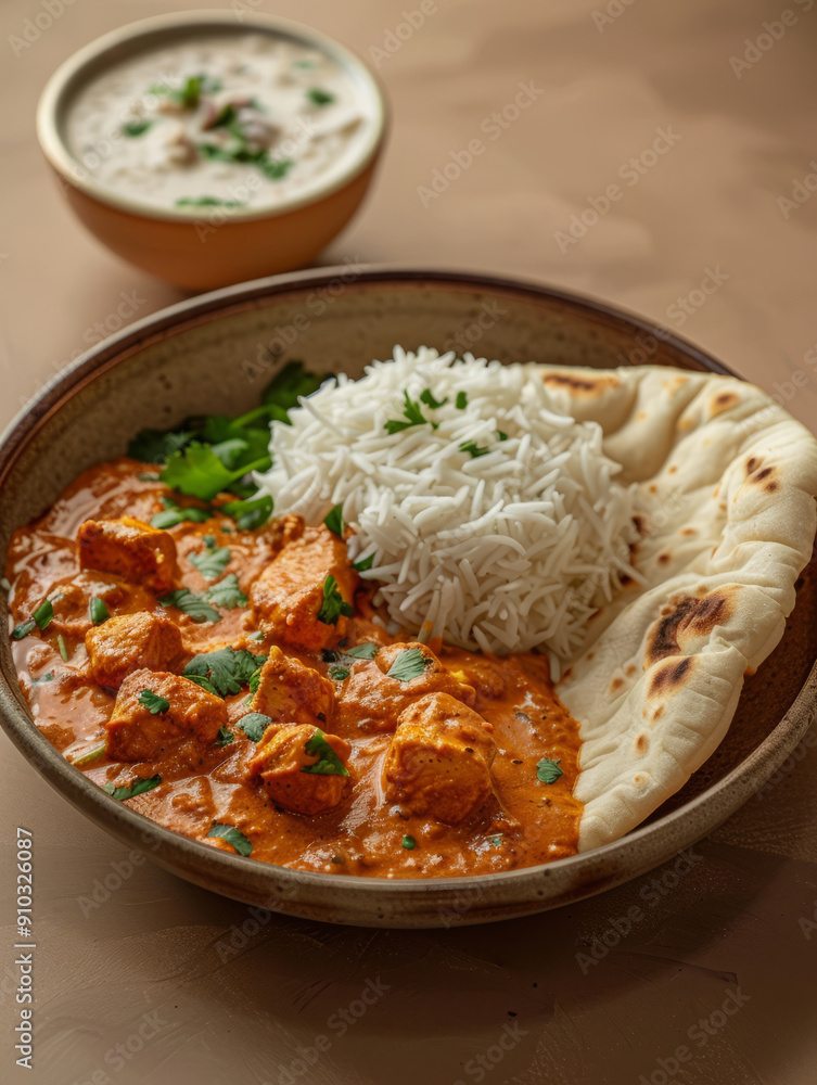Butter chicken served with rice and naan, raita in background. Butter chicken served with rice and naan, raita in background.