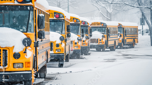 Yellow school buses parked in snow on a winter day.