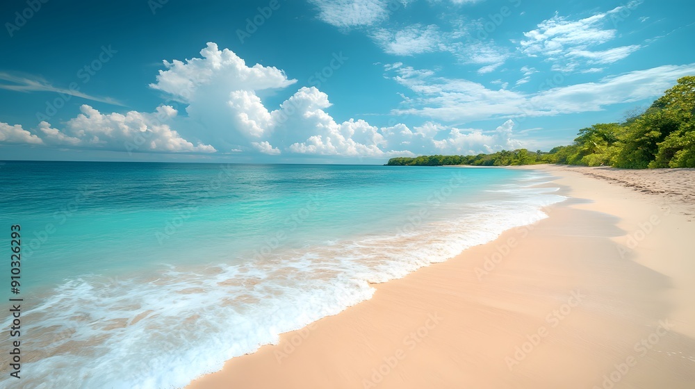Serene Paradise. Relaxing beach with turquoise waters, white sand, and a clear sky Serene Paradise. Relaxing beach with turquoise waters, white sand, and a clear sky