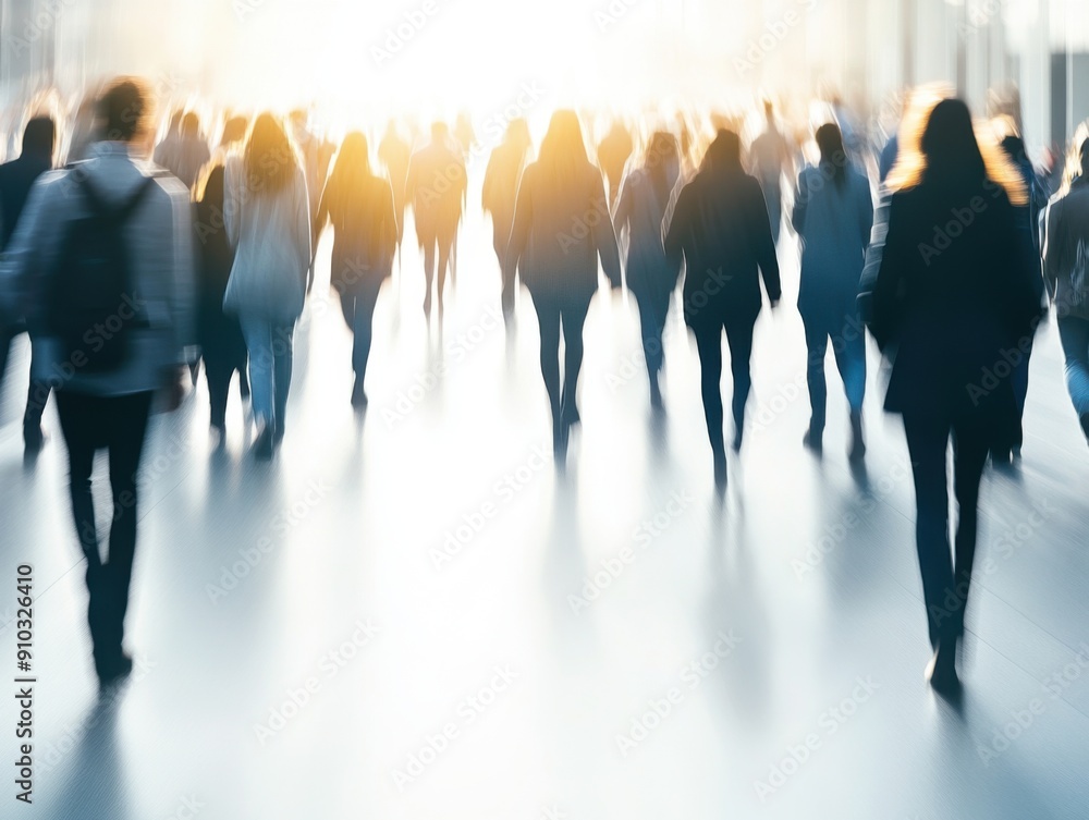 Blurred motion crowd walking in city environment with bright sunlit background conveying urban life and hustle Blurred motion crowd walking in city environment with bright sunlit background conveying urban life and hustle