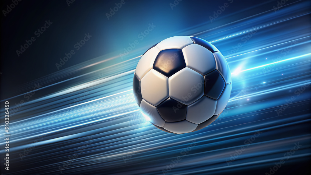 Obraz premium Dynamic flying soccer ball with motion blur, isolated on a clean background, conveying a sense of speed, energy, and movement in a stadium-like atmosphere.