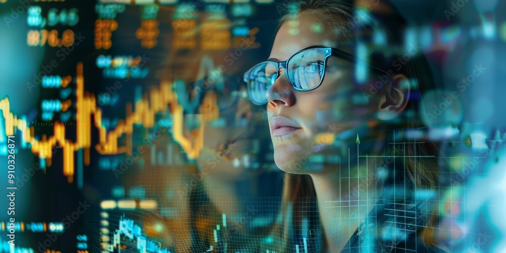 Obraz premium Businesswoman Analyzing Financial Data on Digital Screen