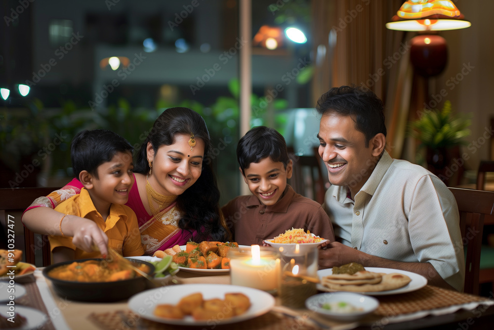 Happy Indian Family Enjoying Dinner Together At Home