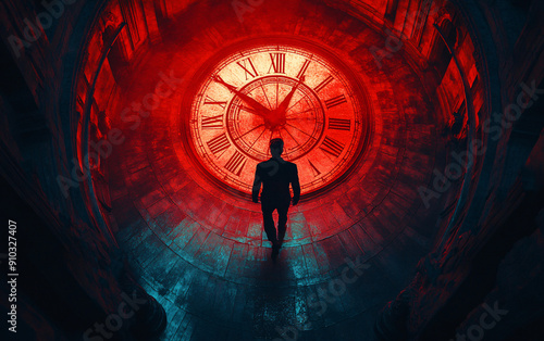 Time Traveler Man walking around large red-illuminated clock face within spiraling architectural structure, viewed from above with dramatic lighting and mysterious atmosphere photo