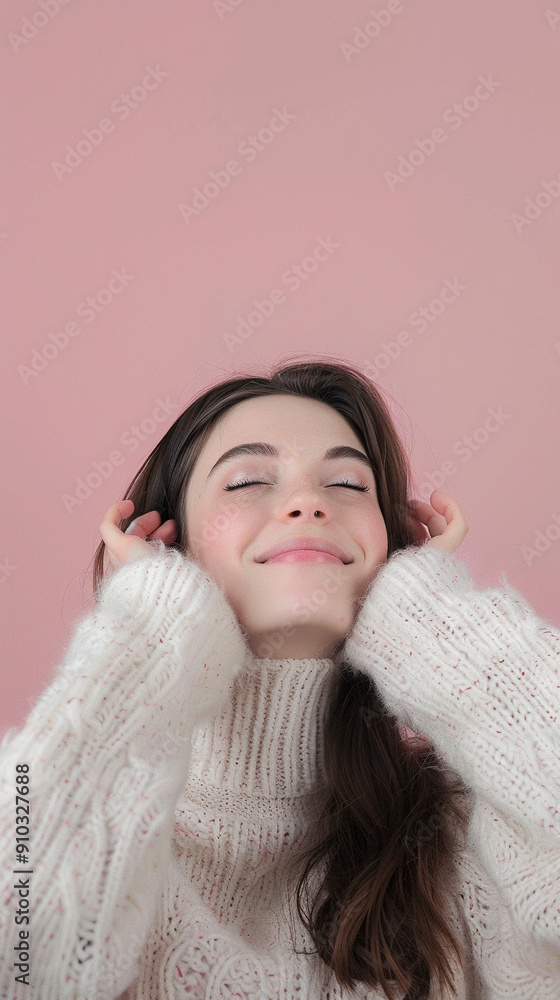 Happy woman isolated on pastel pink background Happy woman isolated on pastel pink background