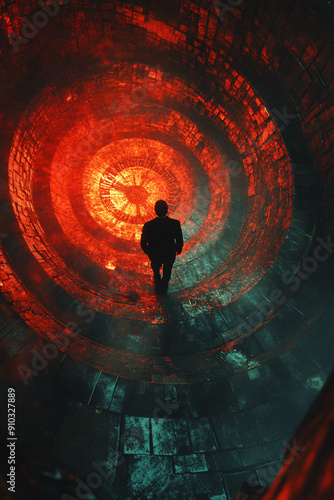 Time Traveler Man walking around large red-illuminated clock face within spiraling architectural structure, viewed from above with dramatic lighting and mysterious atmosphere photo