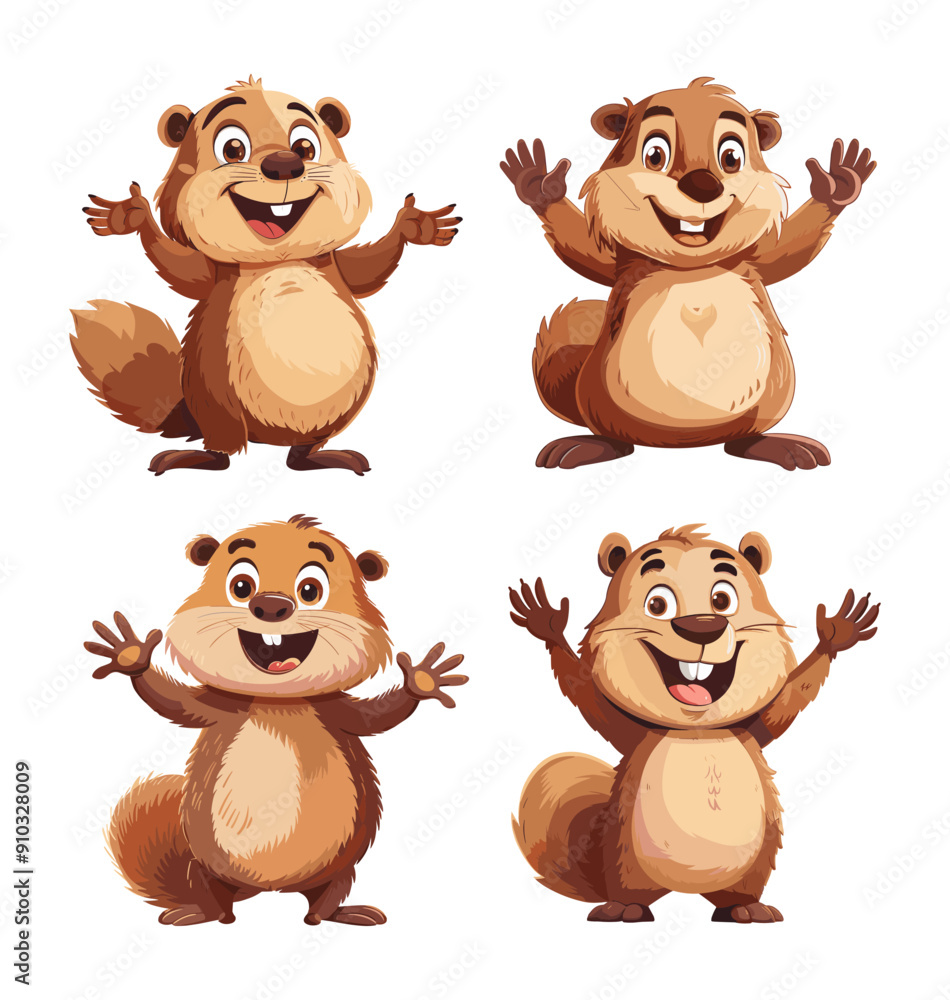 Fototapeta premium Forest groundhog cartoon vector illustrations. Rodent brown fur tail embraces hugs smiling optimistic woodland figure, cheerful friendly mascot isolated artworks