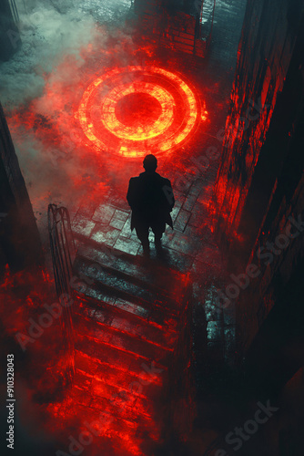 Time Traveler Man walking around large red-illuminated clock face within spiraling architectural structure, viewed from above with dramatic lighting and mysterious atmosphere photo