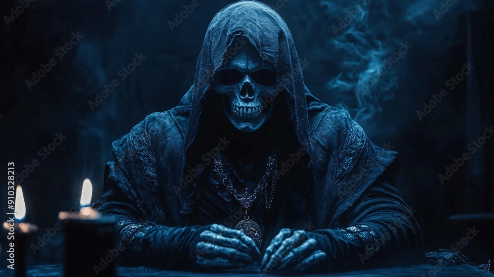 Grim reaper in a dark cloak crafting intricate skull themed jewelry with eerie shadowy lighting enhancing the mysterious atmosphere Grim reaper in a dark cloak crafting intricate skull themed jewelry with eerie shadowy lighting enhancing the mysterious atmosphere
