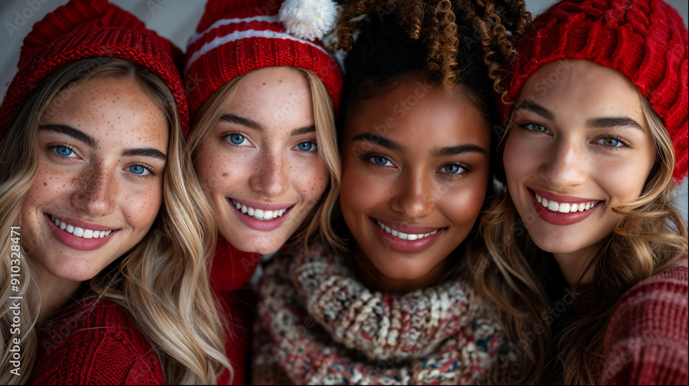 Happy Friends Celebrating in Winter: Group Photo with Colorful Hats and Scarves in a Snowy Wonderland Happy Friends Celebrating in Winter: Group Photo with Colorful Hats and Scarves in a Snowy Wonderland