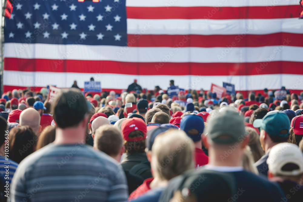 Large Crowd Gathered at a Political Rally with American Flag
