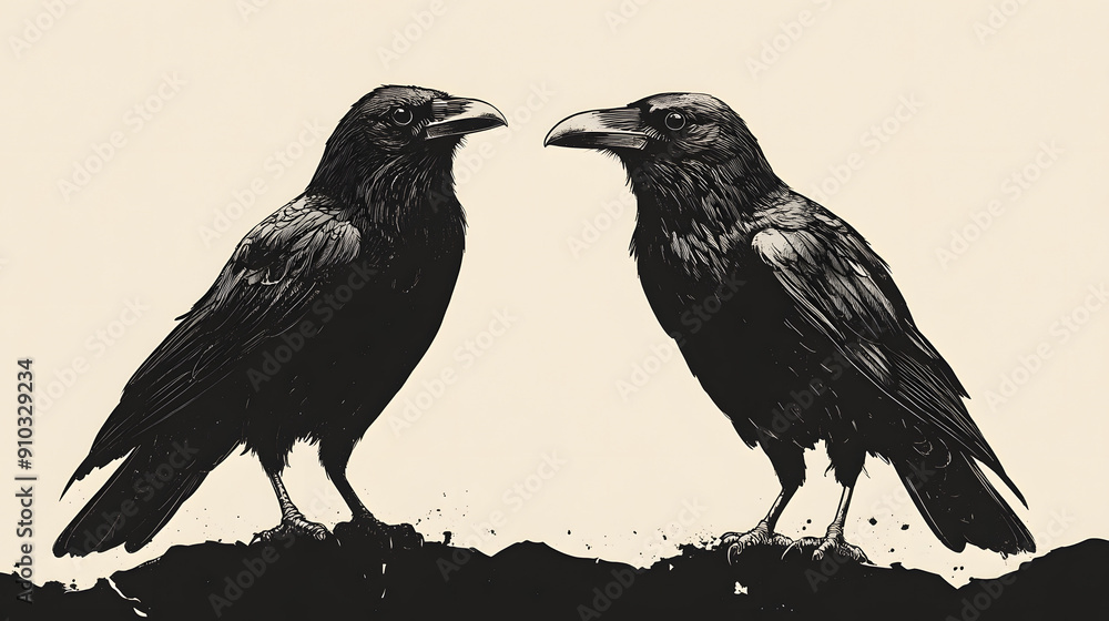 Fototapeta premium painted sitting bird crows on a white background, viking symbol, hugin and munin