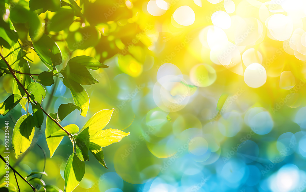 Green leaves, yellow sun, blue sky, fresh spring nature background for website design.
Green leaves, yellow sun, blue sky, fresh spring nature background for website design.