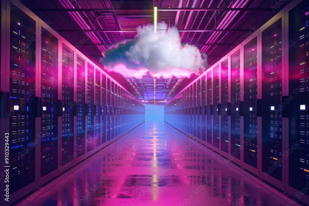 Fototapeta premium Cloud symbolizing data storage, floating in a server room setting, Cloud computing infrastructure, AI generated
