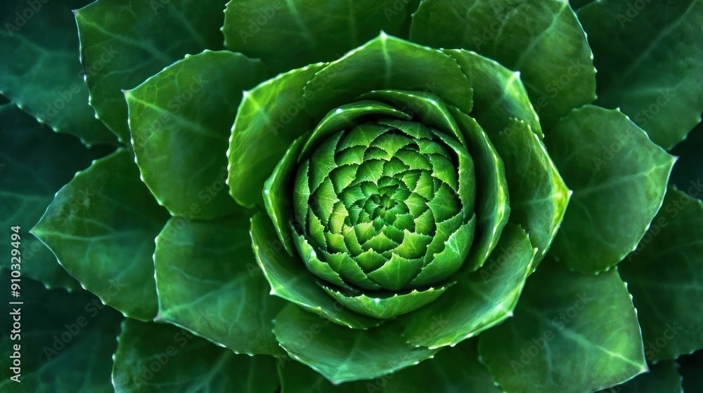 Obraz premium Close-up of a succulent plant with green leaves forming a spiral pattern.