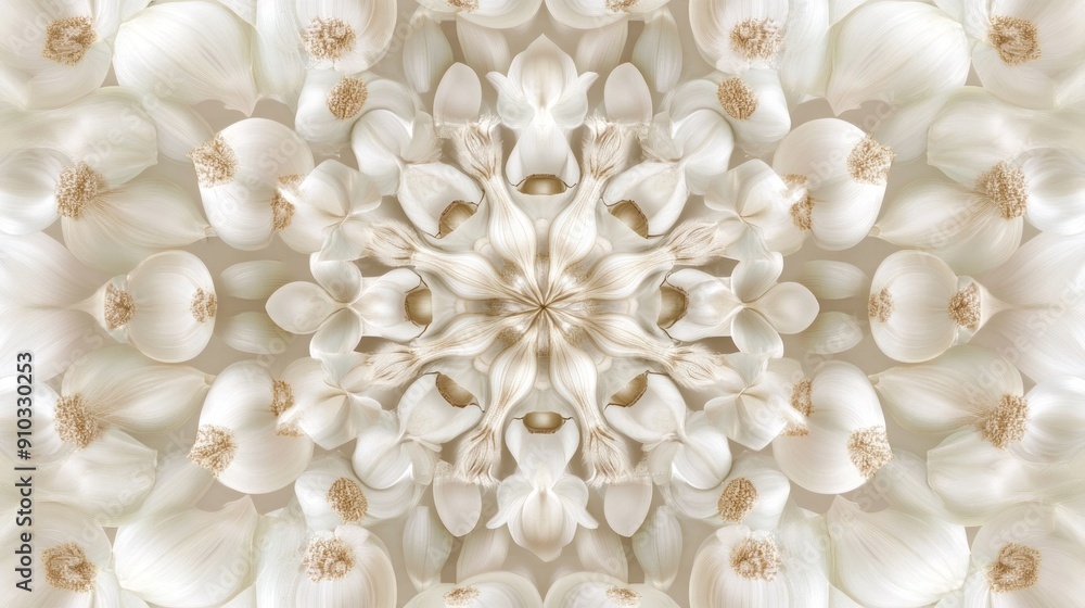 Abstract pattern of white garlic cloves in a symmetrical design. Abstract pattern of white garlic cloves in a symmetrical design.