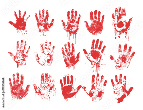 Grunge red handprint ink sketch vector set. Blood fingers splatter fingerprints texture horror crime spooky eerie marks forensic evidence isolated on white background