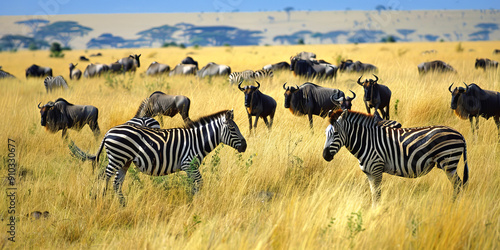 Wildebeest and zebras roaming in the African grasslands