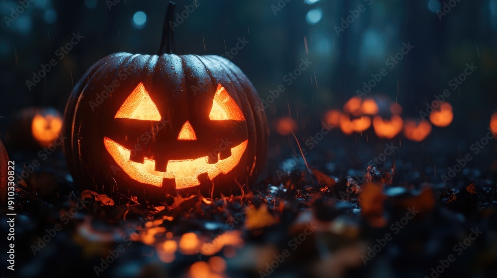 A lit pumpkins sits alone in a green field, surrounded by tall grass A lit pumpkins sits alone in a green field, surrounded by tall grass