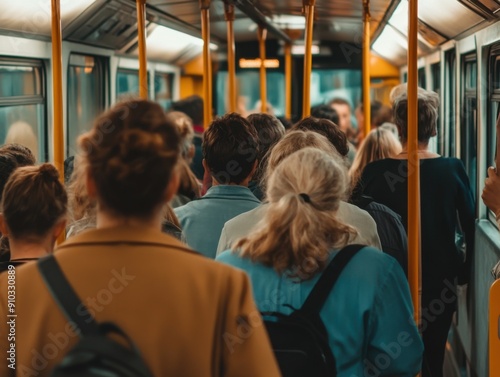 Packed subway train filled with commuters standing closely during busy rush hour photo