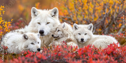 Obraz na plátně Arctic wolf family in colorful autumn tundra
