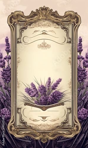 Lavender product on a decorative label. Label for homemade perfume or ointment or fragrance with lavender. Free space for product name.