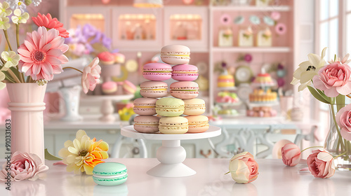 Wallpaper Mural A delightful arrangement of colorful macarons on a white cake stand in a charming bakery setting. Perfect for food, bakery, and dessert themes. 
 Torontodigital.ca