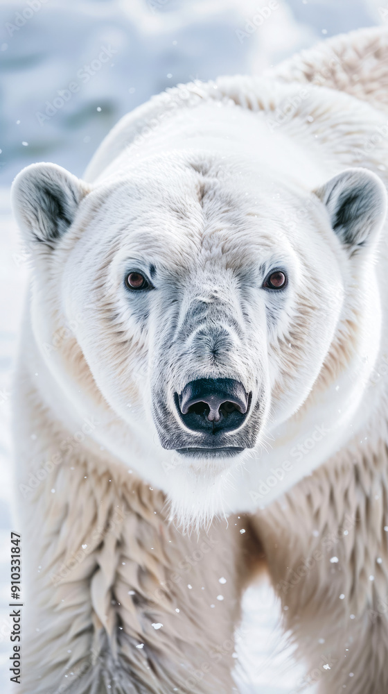 Fototapeta premium Front view of polar bear in snow with focused expression