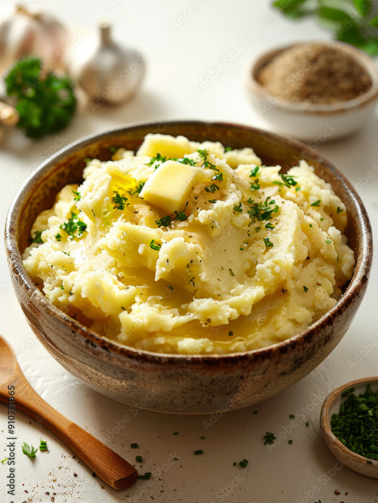 Bowl of creamy mashed potatoes with butter and parsley. Bowl of creamy mashed potatoes with butter and parsley.
