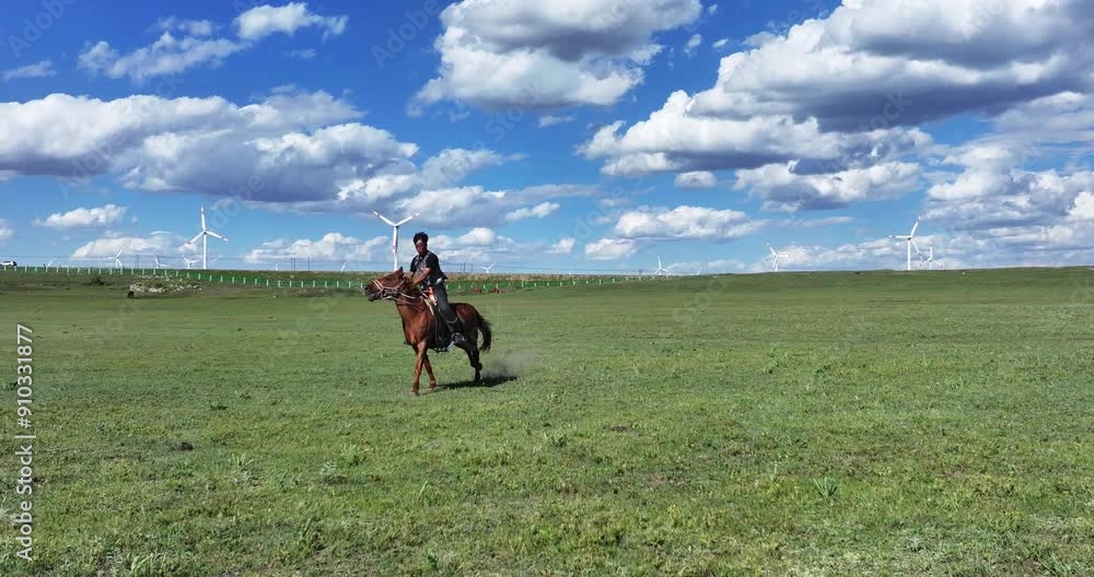 person riding horse in lawn with wind power turbine person riding horse in lawn with wind power turbine