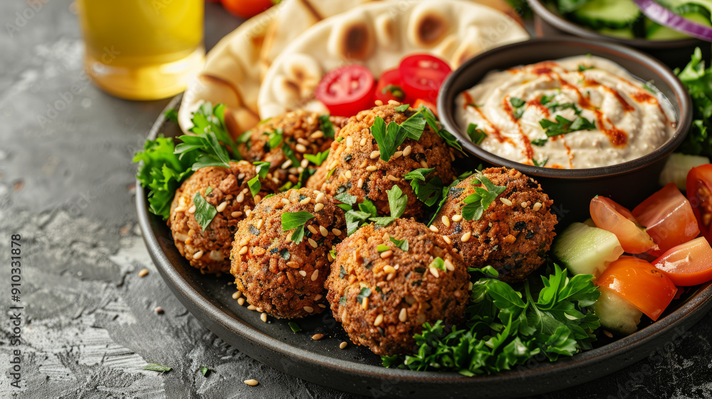 Plate of falafel balls with hummus, pita, and fresh vegetables Plate of falafel balls with hummus, pita, and fresh vegetables