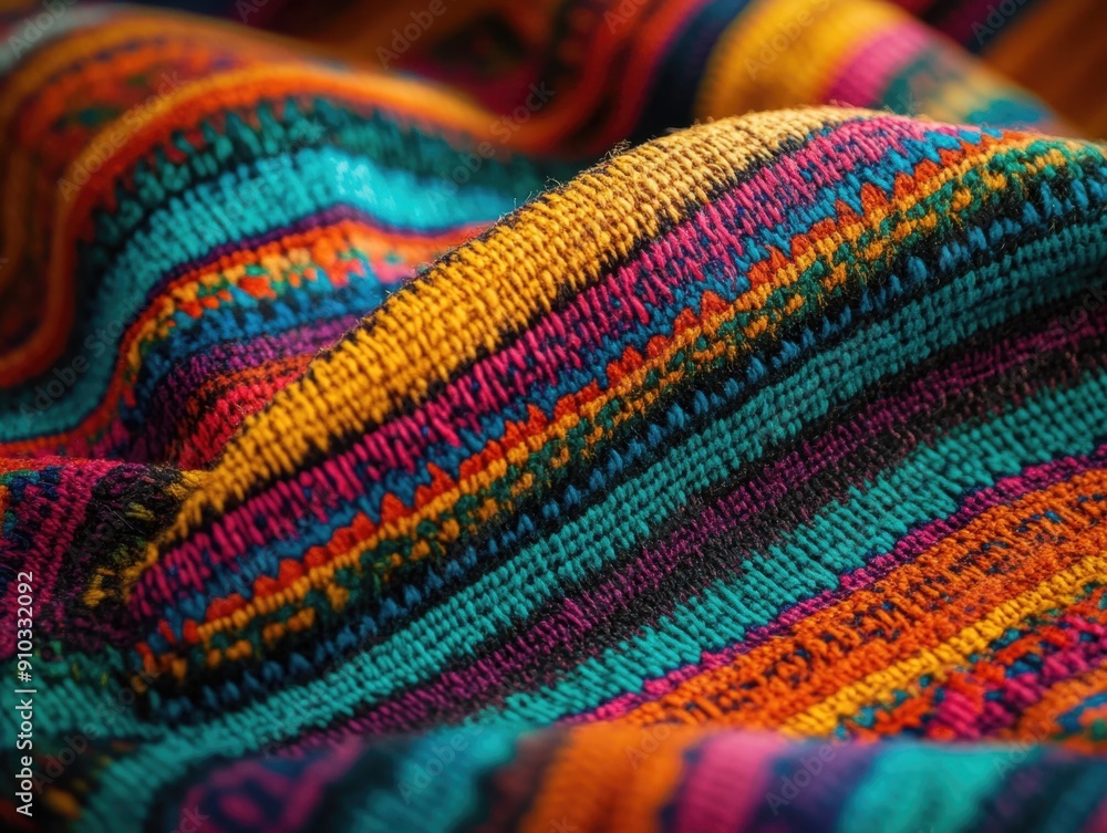 A close-up shot of a vibrant, hand-knitted blanket with intricate patterns and textures A close-up shot of a vibrant, hand-knitted blanket with intricate patterns and textures