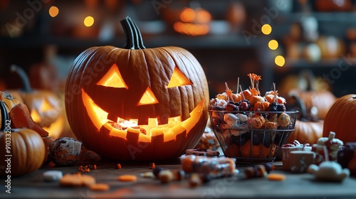 Jack o lanterns on a wooden surface with one pumpkin filled with gourmet Halloween themed treats creating a marketable and festive snack display