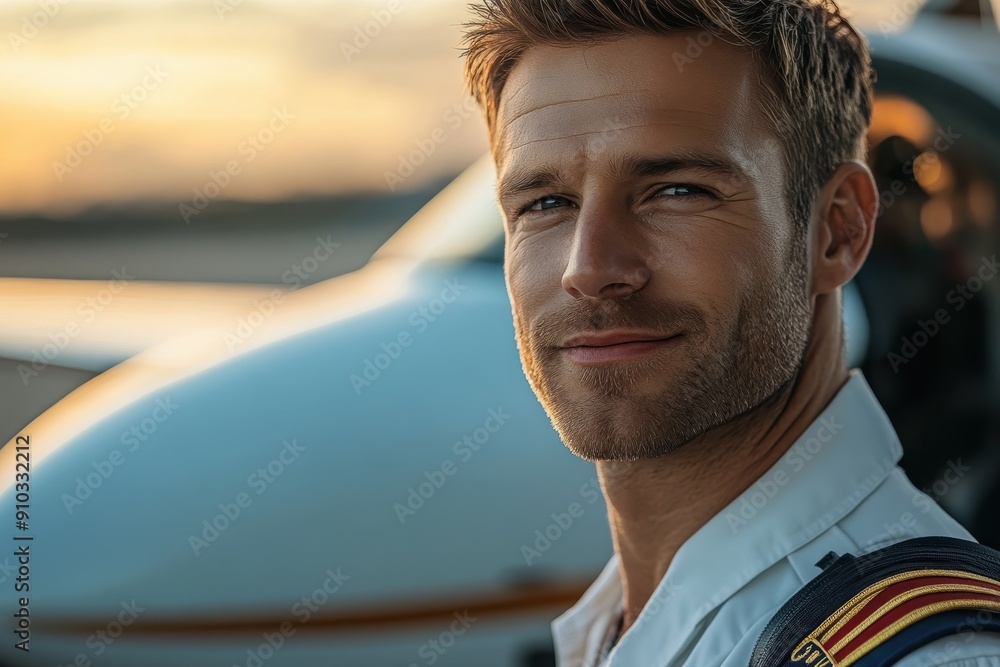 Confident Male Pilot Standing in Front of Airplane Ready to Fly - Professional Aviation Concept Confident Male Pilot Standing in Front of Airplane Ready to Fly - Professional Aviation Concept