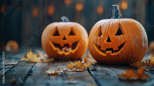 Jack o lanterns on a wooden surface with one pumpkin filled with gourmet Halloween themed treats creating a marketable and festive snack display