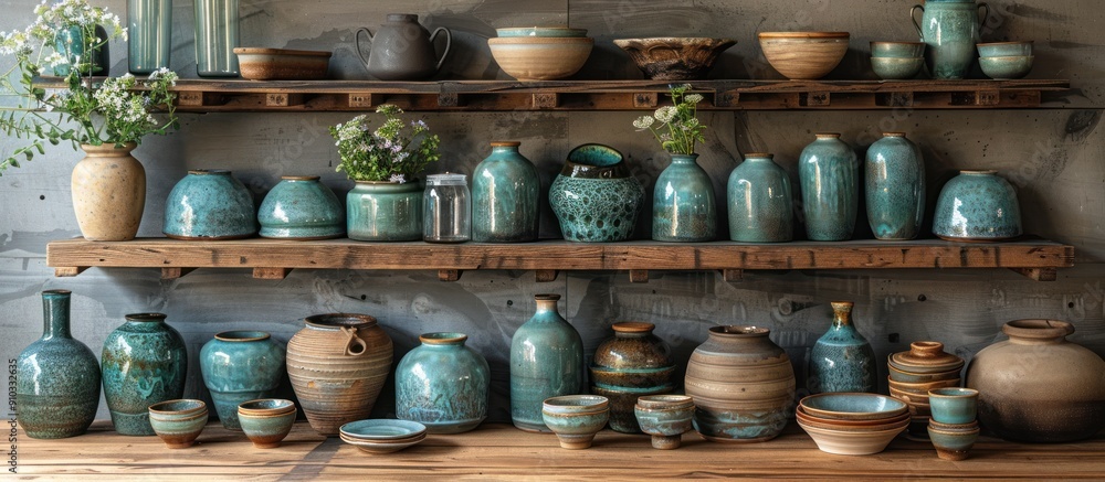 Ceramic Collection on Wooden Shelf Ceramic Collection on Wooden Shelf