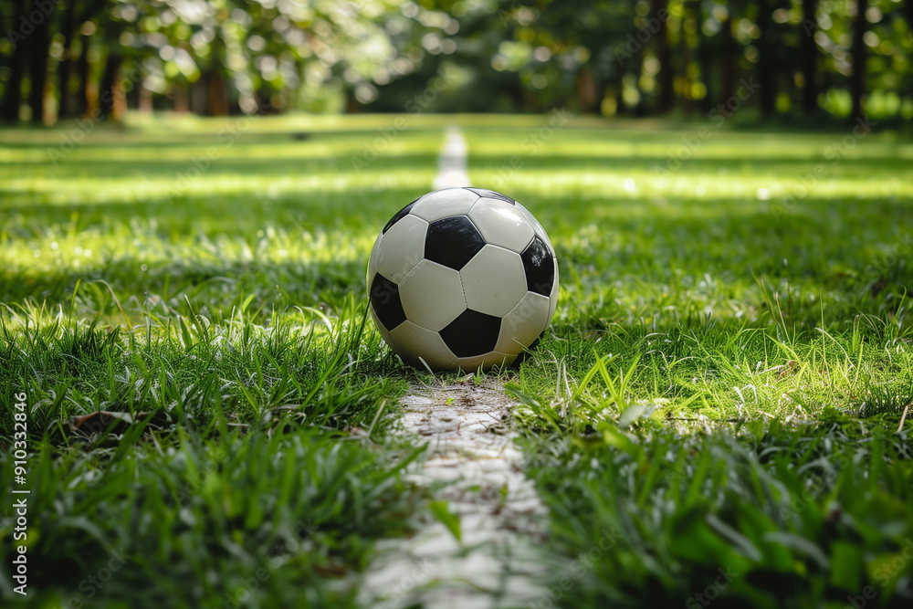 Soccer Ball Centered on a Grassy Field on a Sunny Day