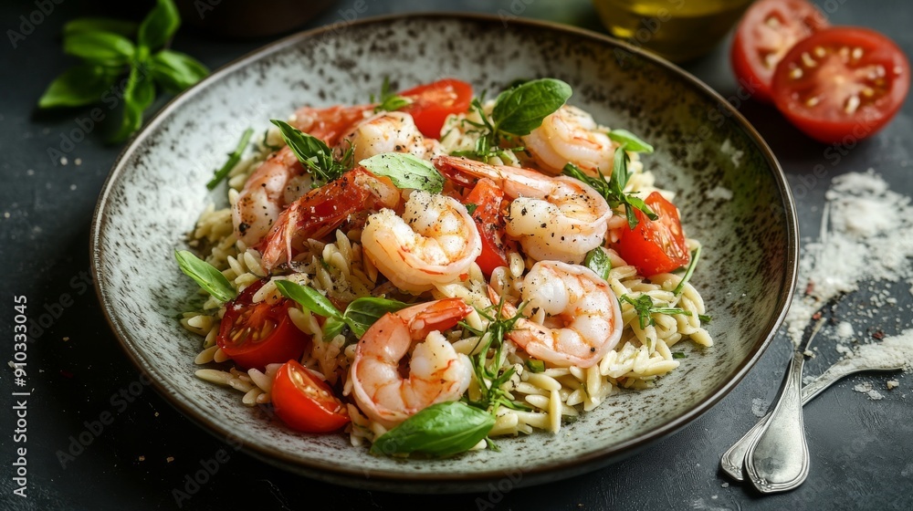 orzo salad with fine shrimps, food photography, 16:9 orzo salad with fine shrimps, food photography, 16:9