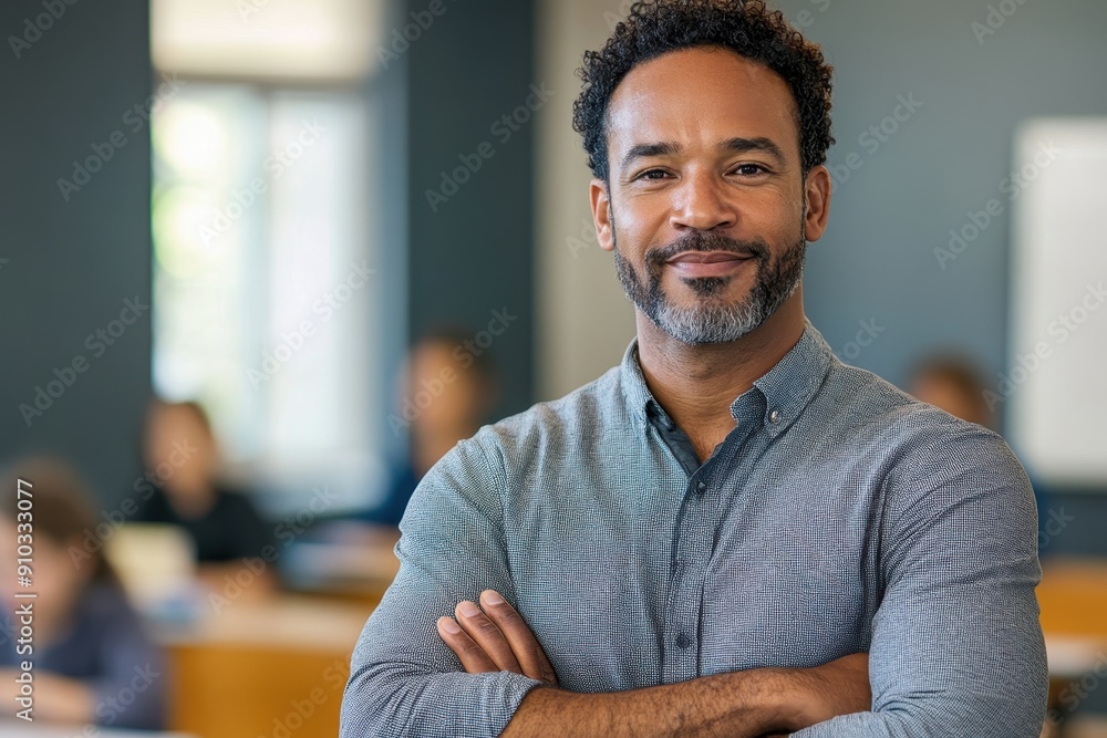 Confident Male Teacher Leading Class in Educational Setting Confident Male Teacher Leading Class in Educational Setting