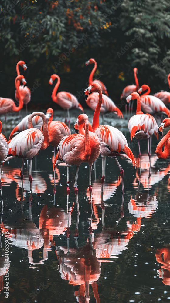 Naklejka premium Flamingos in a pond with reflections, surrounded by trees