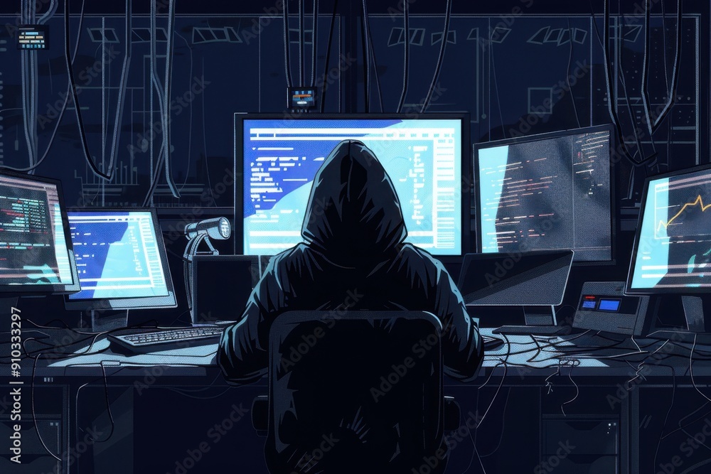 A hacker in a hoodie sitting at a desk with computers and data on digital screens in the background Generative AI