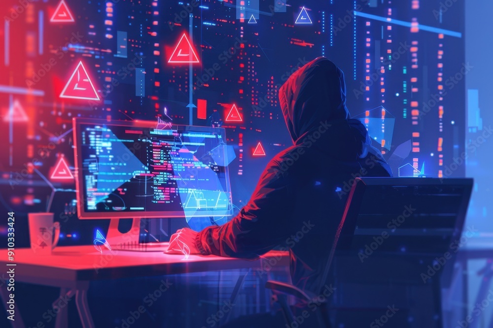 Hacker in a hoodie sitting at a desk with a computer, holographic digital graphs and charts floating above him Generative AI Hacker in a hoodie sitting at a desk with a computer, holographic digital graphs and charts floating above him Generative AI