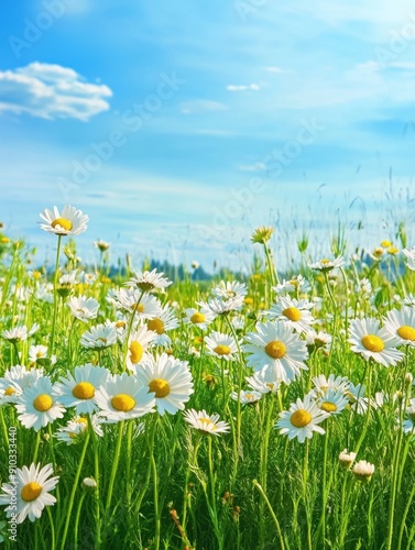 A vibrant field of daisies against a bright blue sky, perfect for use as a nature-inspired background or for illustration purposes