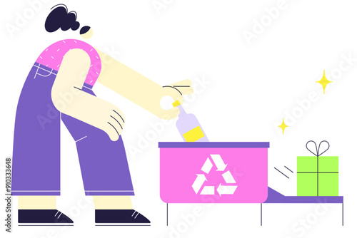 Woman putting plastic bottle into recycling container