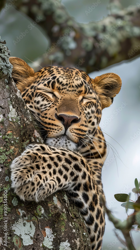 Fototapeta premium Peaceful leopard sleeping in tree, African jungle